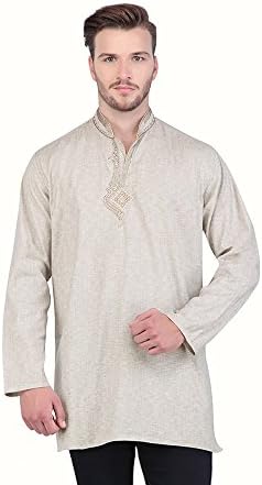 Shatranj Men's Indian Mid-Length Kurta Tunic Fine Embriodered Banded Collar Shirt
