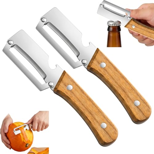 2PCS Multi-Functional Vegetable Peeler for Kitchen,2 in 1 Stainless Steel Vegetable Peeler with Wooden Handle and Bottle Opener,Portable Kitchen Peelers for Fruit,Apple,Potato,Pumpkin,Papaya
