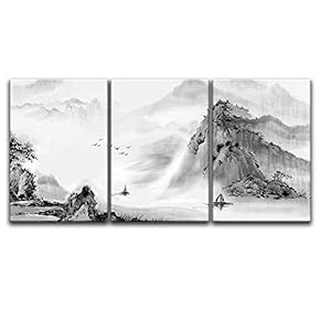 3 Panel Canvas Wall Art - Chinese Ink Painting Style Mountain and River - Giclee Print Gallery Wrap Modern Home Art Ready to Hang - 16"x24" x 3 Panels