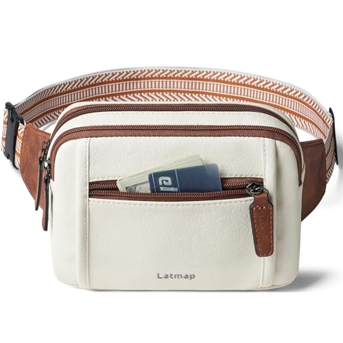 LATMAP 3L TRIPLE ZIP Fanny Packs Belt Bag For Women Men Crossbody Waist Pack Sling Chest Bum Travel Bag Purse Faux Leather Fashion Cute Beige