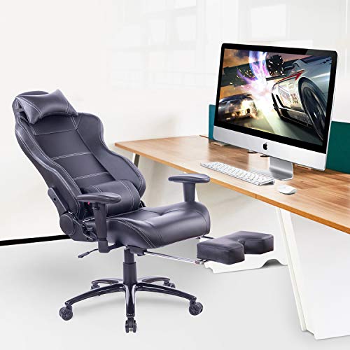 Blue Whale Massage Gaming Chair with Footrest Matel Base-Memory Foam Adjustable Backrest Reclining PC Computer Video Gamer Chair Racing High Back Game Chairs PU Leather Desk Office Chair BW/263 Black