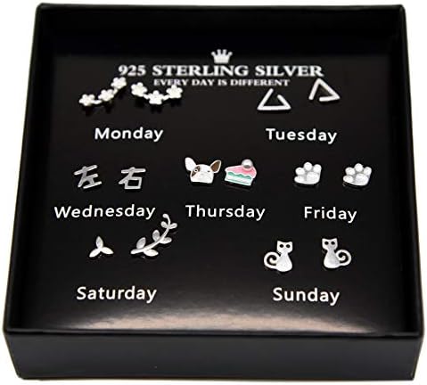 Boxed Earrings One Week Earrings Set with Gift Box 925 Sterling Silver Stud Earrings Set 7 Pairs Hypoallergenic Earrings Gift for Her