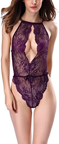 Erocrush Women's Sexy Lingerie Halter Open Crotch Babydoll Sexy Lingerie Lace Nighty (XXL, Purple-02)