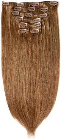 Lovbite Hair Brazilian Remy Hair Clip In Human Hair Extensions 24" Straight Hair Double Weft Grade 8A 7Pieces/Lot 100g 16Clips (24"-80g, Light Chestnut Brown #8)