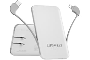 LIPSWEET Ultra Mini 5000mAh Portable Charger Power Bank with Built-in Cables and AC Wall Plug, USB C Fast Charging Pocket Size External Battery Pack Compatible with iPhone Android Smart Phones (White)
