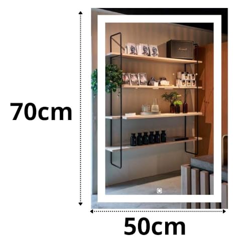 Espelho jateado lapidado decorativo Retangular Vertical ou horiontal 70x50cm luz led touch Dimerisável luxo iluminado (Led frio)