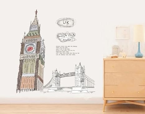Amazon Co Jp 風景 街並み シリーズ イギリス ロンドン タワー ブリッジ 橋 ビッグ ベン エリザベス タワー 時計 塔 イラスト風 貼り直し可能な ウォール ステッカー 100cm 100cm 防水 シール ペーパー リビング 寝室 子供部屋 お風呂 の 模様 替え 賃貸 物件 でも
