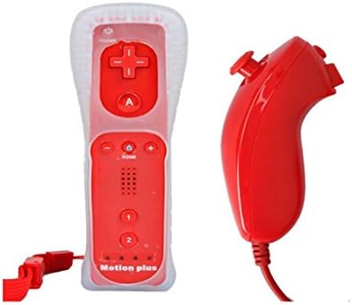 Built-in Motion Plus Remote & Nunchuck Controller For Wii + Silicone Case + Wrist Strap for Nintendo Wii/Wii U-MEGIA (Red)