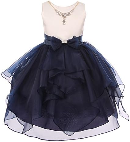 Big Girls Navy Ivory Satin Organza Necklace Accent Junior Bridesmaid Dress 8