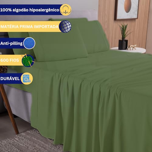 Cottonluxury Jogo de Lençol 4 peças 600 Fios Egípcio 100% Algodão Grampo Longo com Toque Acetinado - Não agride o Ambiente (Verde-Guardião, King)