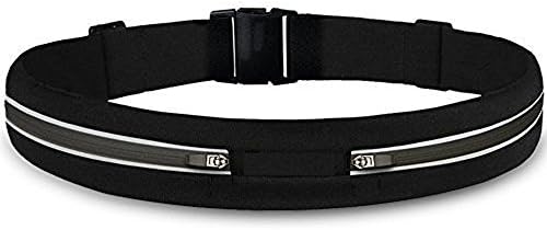Adjustable Running Belt with Large Dual Pockets for Money, Keys, Credit Cards and Fits Iphone 6+ or Samsung Galaxy S5 Phone Sizes. Water Resistant Quality Waist Pack with Reflective Pocket Trims.
