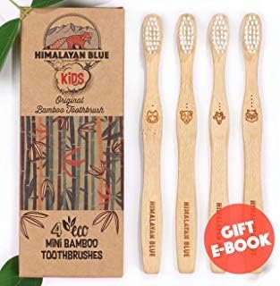 Himalayan Blue Antimicrobial Kids and Toddlers Natural Biodegradable Bamboo Toothbrush Pack of 4 - Organic Soft Bristles - Camping, mountain, school, travel, sports, activities