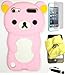 Bukit Cell 3D Cartoon Bundle 4 Items:Baby Pink Bear Soft Silicone Cute Lovely Fun Case for iPod Touch 6th / 5th Generation + Cleaning Cloth + Screen Protector + Metallic Stylus Touch Pen
