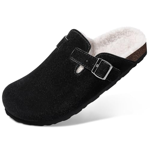 KIDMI Women's Fur Lined Suede Clogs Fuzzy Cork Footbed Mules Slip On Winter Potato Shoes