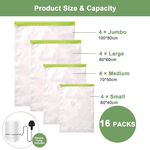 Gluckluz Vacuum Storage Bags with Electric Pump 16 Packs Space Saver Bag Compression Seal Bag (4 Jumbo + 4 Large + 4 Medium + 4 Small) for Travel Clothes Comforter Mattress Duvet Pillow Blanket