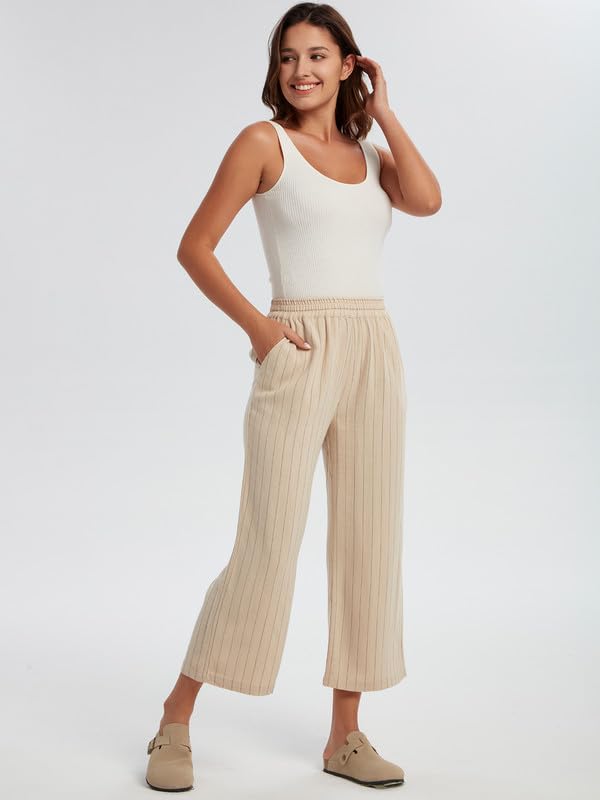 Les umes Women's Summer 7/8 High Waist Linen Pants with Pockets | Comfy Linen Striped Printed Capri Wide Leg Palazzo