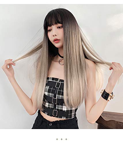 TEEMI-Two Tone Straight Highlights Cosplay Brown Mixed Purple Milk Tea Wigs (Milk Tea)