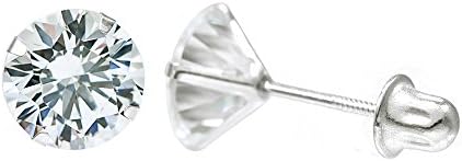 14K White Gold Round Cubic Zirconia (CZ) Single Basket Screw Back Stud Earrings - 2 mm to 10 mm