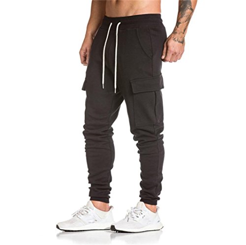 Funic Men's Harem Trousers Sweatpants Slacks Casual Jogger Dance Sportwear Saggy Pants with Pockets (L, Black)