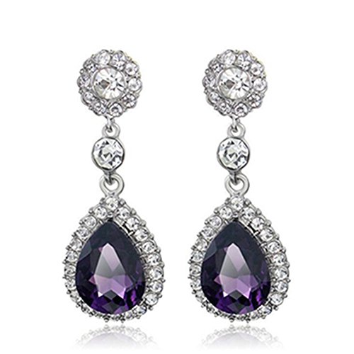 Gorgeous Austrian Cut Crystal Rhinestone Pierced Wedding Bridal Teardrop Drop Dangle Earrings (silver-purple)