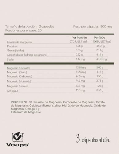MAGNESIO 5 COMPLEX - Maklen Magnesio Complex - Glicinato, Citrato, Carbonato, Oxido e Hidroxido + Omega 3 - Capsulas Vegetales V-Caps® de 900 mg - Apoya Energia, Relajacion Muscular y Sueño