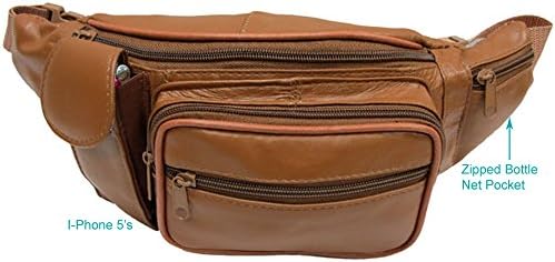 Lt Brown 5 Zipper Pocket Large Genuine Leather Waist Bag Fanny Pack with Water Bottle Holder