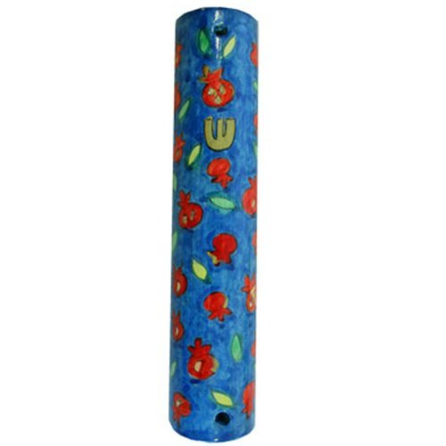 Yair Emanuel Mezuzah Scroll Case For Door - Large Wooden Mezuzah Pomegranates Design