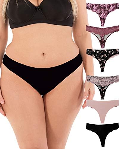 Thongs for Women Sexy Lace Back Floral Panties Invisible No-Show Seamless Underwear 6 Pack Small to Plus Size