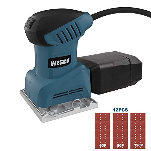 Palm Sander, WESCO 2.0 Amp 1/4 Sheet Sander, 12,000 OPM Corded Finishing Sander with Dust Collector, Punch Plate & 12 Sanding Discs, Vacuum Adapter, Quick Locking System/ WS4151U.1