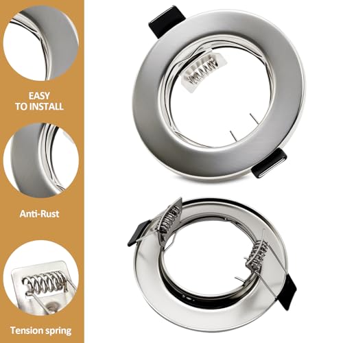 Recessed Frame for Spotlights – Brushed Metal Round, Incl. Socket for GU10 | Fit for 55-70 mm Holes | For 50 mm Lamp | Porthole Frame – Ideal for Bathroom, Living Room, Kitchen | 24 Pack