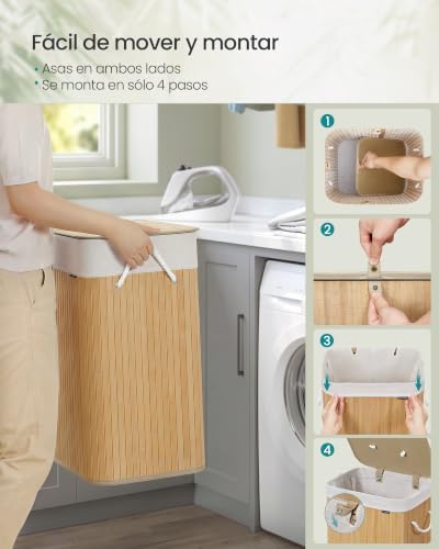 Cesto de la Ropa Sucia con Tapa, 72 L, Cesta de Lavandería de Bambú, Plegable, con Bolsa Lavable Extraíble, Asas, para Lavandería, Dormitorio, Natural LCB10Y