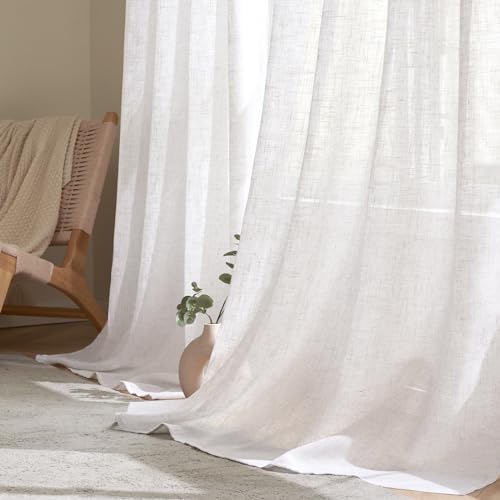 Woaboy Linen Curtains Translucent Net Curtains with Eyelets Modern Decorative for Living Room, Window, Bedroom, 2 Pieces, 140 x 245 cm, White Bleached