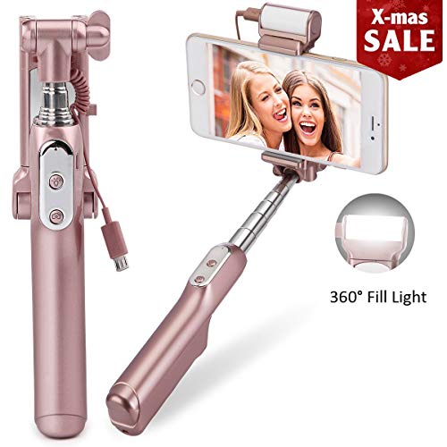 Selfie Stick, MOCREO Wireless Selfie Stick with 360 Degree Led Fill Light and Mirror, for iPhones, Samsung Galaxy s7 Edge/s4 Android System Phones (Rose Gold)
