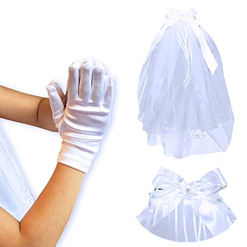 First Communion Bundle | Glove and Ribbon & Bow Veil Set | Catholic Girls Accessory Kit | Christian Apparel (Medium)