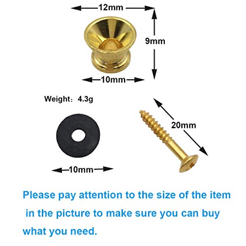 Pakala66 Metal Strap Lock Buttons End Pins with Mounting Screws For Electric Acoustic Guitar, Bass, Ukulele Pack of 10-Gold