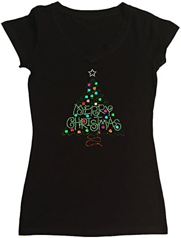 Womens T-shirt with Merry Christmas Green Tree in Rhinestones
