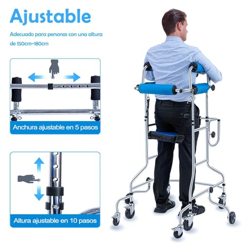 Andadera para Adulto con Asiento,Andador para Adulto Mayor Ajustable en Altura y Ancho,8 Ruedas,Acero Resistente Capacidad 220lbs,Ayuda a Caminar y Rehabilitación