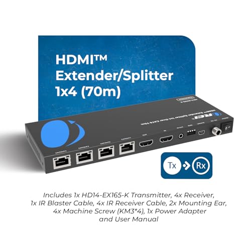 OREI 1x4 HDMI Extender Splitter Multiple Over Single Cable CAT6/7 1080P with IR Remote EDID Management - Up to 165 Ft - Loop Out - Low Latency - Full Support