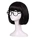 ColorGround Kids Size Short Straight Black Natural Cosplay Wig with Glasses frame