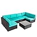 Peach Tree Outdoor Furniture Sectional Wicker Sofa Set 7 PCs Patio Rattan, All-Weather Washable Tiffany Blue Cushioned, w/Glass Coffee Table, Backyard, Pool