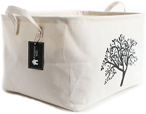 Storage Baskets by Kangaroo Walk • Collapsible Cotton Canvas Storage Bins for Toys, Laundry, Clothes • Lovely on Shelf or Anywhere in Home • Organize with Elegance • (Seashell White, Tree Design)