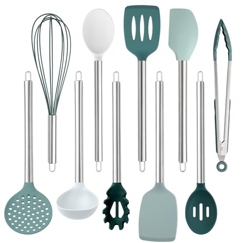 COOK WITH COLOR Silicone Cooking Utensils, Kitchen Utensil Set, Easy to Clean Silicone Kitchen Utensils, Cooking Utensils for Nonstick Cookware, Kitchen Gadgets Set, 10 Pieces, Teal