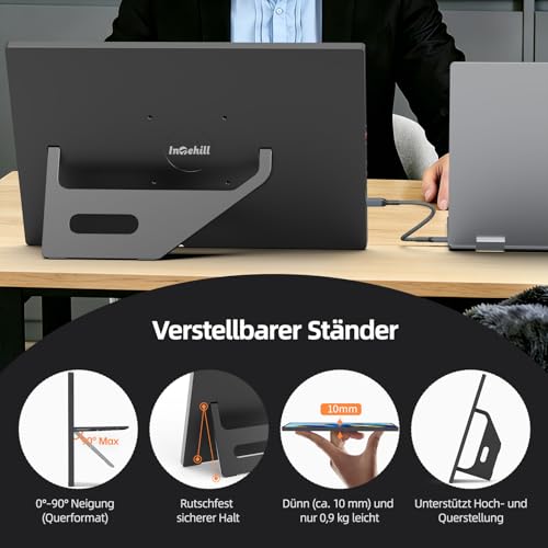 Intehill 16 Inch 2.5K 120Hz Portable Monitor Touch Screen, 16:10 Gold Ratio, 100% sRGB & HDR, Built-in Stand & VESA Compatible, 2X USB-C & HDMI, for Work/Games/Travel - T16KB (Black)