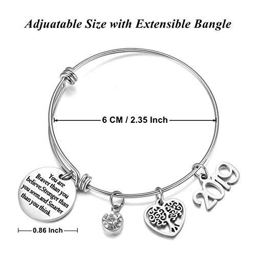 AZORA Graduation Gift Jewelry You are Braver Than You Think Inspirational Bracelet with 2019 & Tree of Life Charm Engraved Graduate Bangle for Teen Girls Women