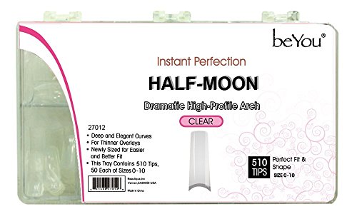 beYou Clear Half-moon 500 Artificial Fake Nail Tips 11Sizes With Clear Plastic Case for Nail Salon Nail Shop