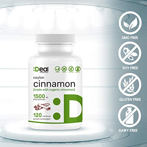 Deal Supplement Organic Ceylon Cinnamon, 1500mg per Serving, 120 Capsules, Best Blood Sugar Supports Supplements, Non-GMO, Made in USA - Thumbnail 2