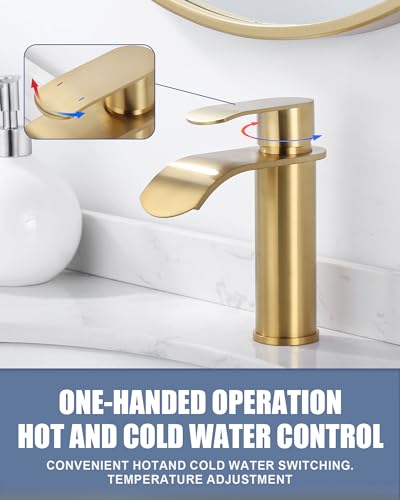 ARCORA Basin Faucet, Stainless Steel Bathroom Faucet, Single Handle Sink Mixer Tap, Waterfall Spout Low Noise for Bathrooms, Gold