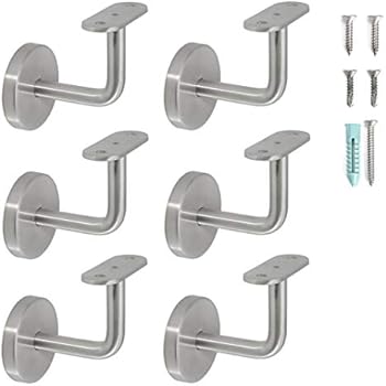 Stainless Steel Wall Mount Staircase Handrail Brackets w/Base Flange Cover for Flat Surface Square Top Railing, Satin Finish, 6-Pack