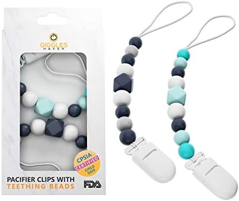 Pacifier Clip Set (2-Pack) for Teething Relief – Pacifier Holder Clips for Newborn Babies and Toddlers – BPA-Free Silicone Beaded Teethers – Perfect Baby Shower Gifts for Girl or Boy