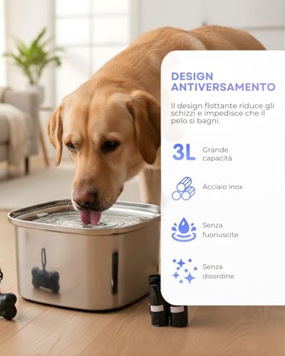 NOOGUI - Bowl for Dogs - Capacity 3L - Anti-drip Bowl Anti-Spill Anti-tip - Animal Accessory Non-Slip Base - Dog Water Bowl - Dispenser with 4 Bags Included